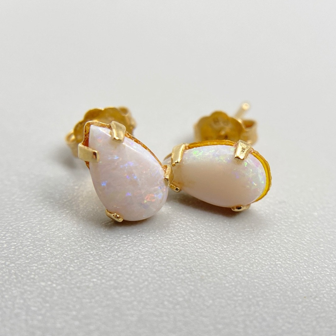 Vintage 14k Gold Opal Pear Stud Earrings By Beaucraft